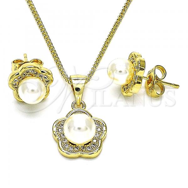 Oro Laminado Earring and Pendant Adult Set, Gold Filled Style Flower Design, with Ivory Pearl and White Micro Pave, Polished, Golden Finish, 10.156.0450