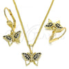 Oro Laminado Earring and Pendant Adult Set, Gold Filled Style Butterfly Design, with Black Micro Pave, Polished, Golden Finish, 10.316.0058.2