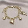 Oro Laminado Charm Bracelet, Gold Filled Style Rolo and Heart Design, Polished, Golden Finish, 03.213.0256.07