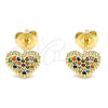 Oro Laminado Stud Earring, Gold Filled Style Heart Design, with Multicolor Micro Pave, Polished, Golden Finish, 02.156.0446.3