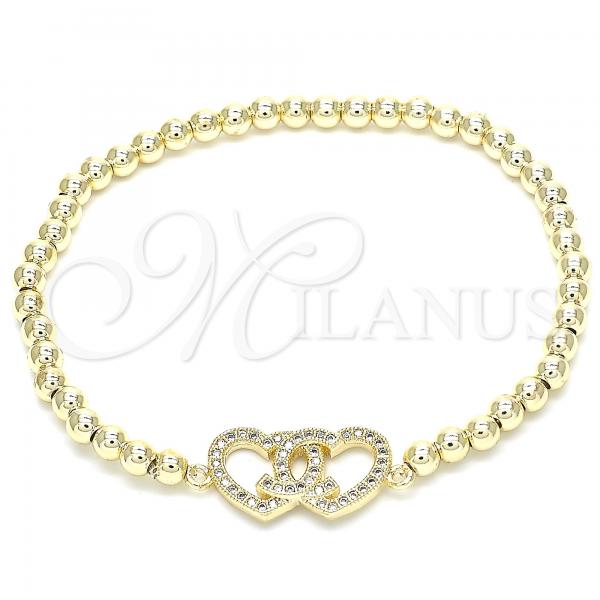 Oro Laminado Fancy Bracelet, Gold Filled Style Expandable Bead and Heart Design, with White Cubic Zirconia, Polished, Golden Finish, 03.299.0028.07