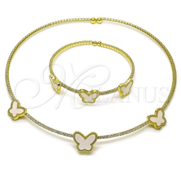 Oro Laminado Necklace and Bracelet, Gold Filled Style Butterfly Design, with Ivory Mother of Pearl and White Cubic Zirconia, Polished, Golden Finish, 06.421.0002.1