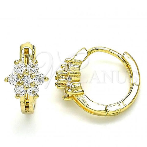 Oro Laminado Huggie Hoop, Gold Filled Style Flower Design, with White Cubic Zirconia, Polished, Golden Finish, 02.210.0497.15
