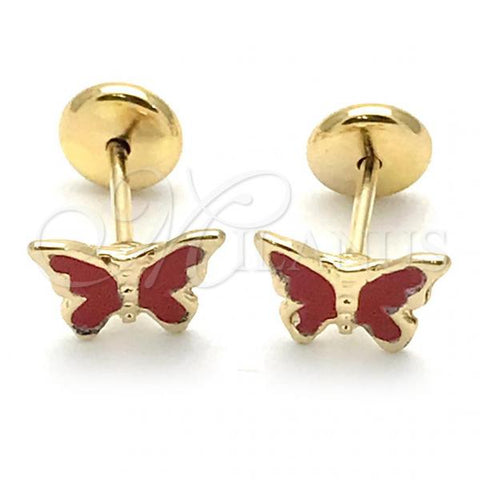 Oro Laminado Stud Earring, Gold Filled Style Butterfly Design, Red Enamel Finish, Golden Finish, 02.09.0198