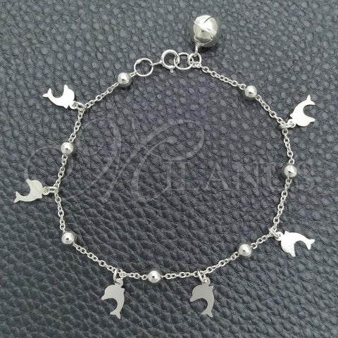 Sterling Silver Charm Bracelet, Dolphin and Rattle Charm Design, Polished, Silver Finish, 03.395.0019.07
