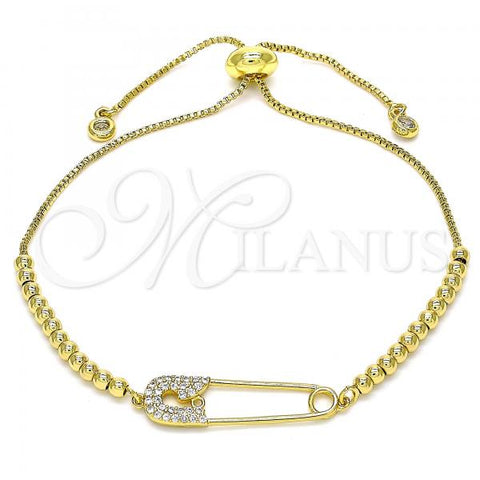 Oro Laminado Adjustable Bolo Bracelet, Gold Filled Style Ball Design, with White Micro Pave, Polished, Golden Finish, 03.313.0034.10