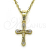 Oro Laminado Religious Pendant, Gold Filled Style Crucifix Design, with White Cubic Zirconia, Polished, Golden Finish, 05.253.0167