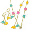 Oro Laminado Earring and Pendant Children Set, Gold Filled Style Elephant Design, with White Crystal, Multicolor Enamel Finish, Golden Finish, 06.60.0006.4