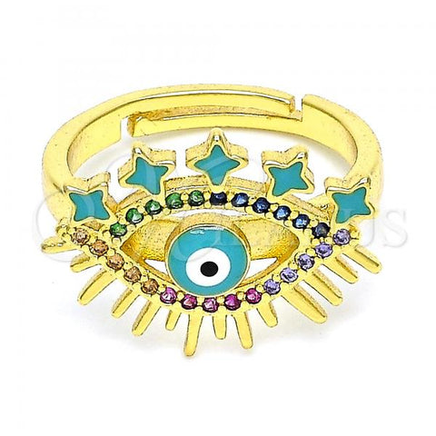 Oro Laminado Multi Stone Ring, Gold Filled Style Evil Eye Design, with Multicolor Micro Pave, Turquoise Enamel Finish, Golden Finish, 01.368.0008 (One size fits all)