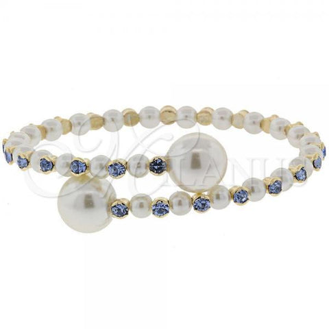 Oro Laminado Individual Bangle, Gold Filled Style Ball Design, with Tanzanite Crystal and White Pearl, Polished, Golden Finish, 07.63.0149 (13 MM Thickness, One size fits all)