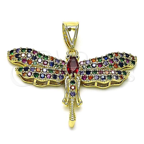 Oro Laminado Fancy Pendant, Gold Filled Style Dragon-Fly Design, with Multicolor Micro Pave and Garnet Cubic Zirconia, Polished, Golden Finish, 05.411.0030