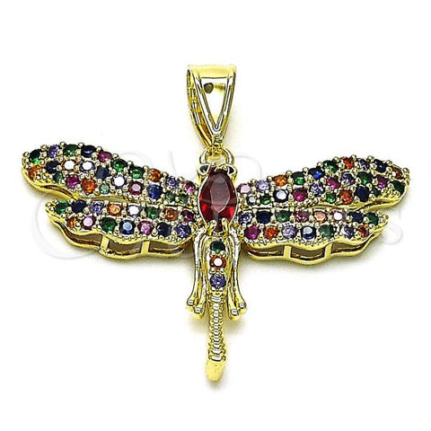 Oro Laminado Fancy Pendant, Gold Filled Style Dragon-Fly Design, with Multicolor Micro Pave and Garnet Cubic Zirconia, Polished, Golden Finish, 05.411.0030