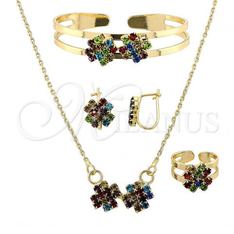 Oro Laminado Necklace, Bracelet, Earring and Ring, Gold Filled Style Flower Design, with Multicolor Cubic Zirconia, Polished, Golden Finish, 06.165.0009