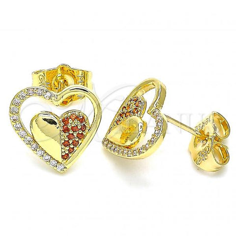 Oro Laminado Stud Earring, Gold Filled Style Heart Design, with Garnet and White Micro Pave, Polished, Golden Finish, 02.156.0501.1