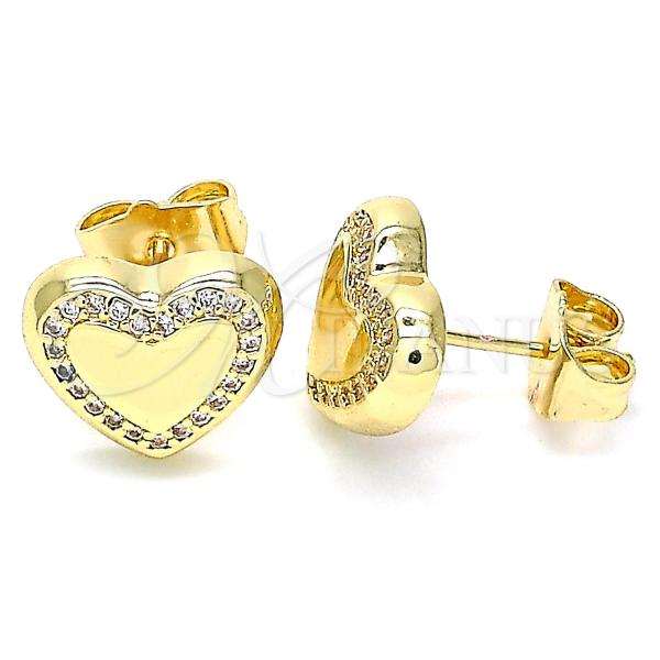 Oro Laminado Stud Earring, Gold Filled Style Heart Design, with White Micro Pave, Polished, Golden Finish, 02.156.0525