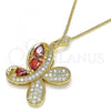 Oro Laminado Pendant Necklace, Gold Filled Style Butterfly and Teardrop Design, with Garnet Cubic Zirconia and White Micro Pave, Polished, Golden Finish, 04.323.0012.1.20