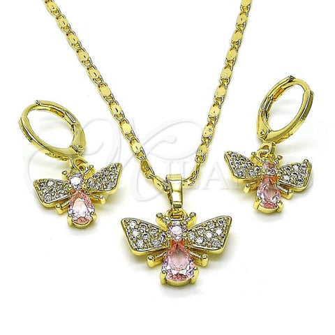 Oro Laminado Earring and Pendant Adult Set, Gold Filled Style Bee Design, with White Micro Pave and Pink Cubic Zirconia, Polished, Golden Finish, 10.196.0104