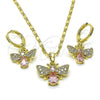 Oro Laminado Earring and Pendant Adult Set, Gold Filled Style Bee Design, with White Micro Pave and Pink Cubic Zirconia, Polished, Golden Finish, 10.196.0104