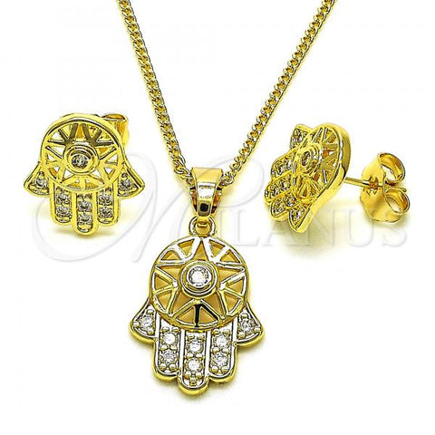Oro Laminado Earring and Pendant Adult Set, Gold Filled Style Hand of God Design, with White Cubic Zirconia, Polished, Golden Finish, 10.210.0168