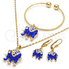 Oro Laminado Necklace, Bracelet and Earring, Gold Filled Style Elephant Design, with White Crystal, Blue Enamel Finish, Golden Finish, 06.63.0182.5.GT