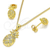 Oro Laminado Earring and Pendant Adult Set, Gold Filled Style Pineapple Design, with White Micro Pave, Polished, Golden Finish, 10.342.0002