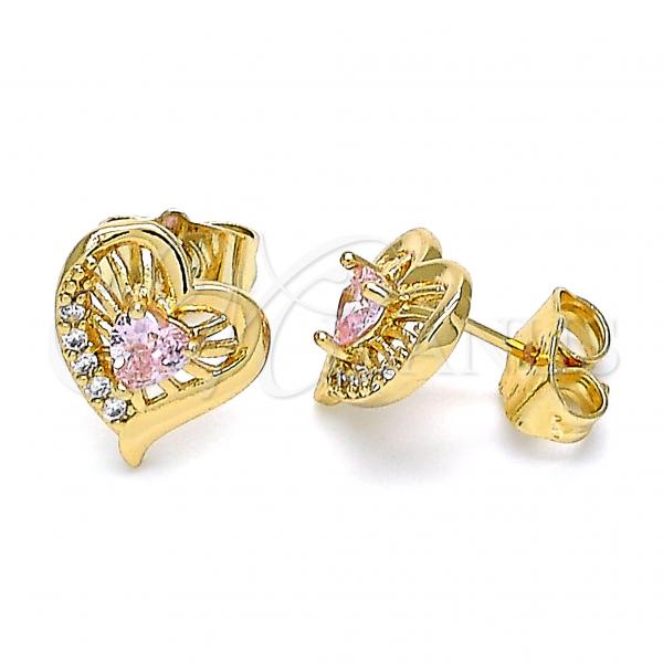 Oro Laminado Stud Earring, Gold Filled Style Heart Design, with Pink and White Cubic Zirconia, Polished, Golden Finish, 02.387.0013