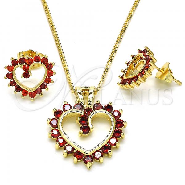 Oro Laminado Earring and Pendant Adult Set, Gold Filled Style Heart Design, with Garnet Cubic Zirconia, Polished, Golden Finish, 10.316.0015.1