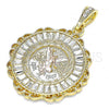 Oro Laminado Religious Pendant, Gold Filled Style Centenario Coin and Angel Design, with White Crystal, Polished, Tricolor, 05.351.0154