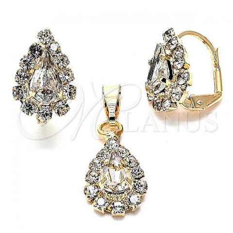 Oro Laminado Earring and Pendant Adult Set, Gold Filled Style and Teardrop with White Cubic Zirconia, Polished, Golden Finish, 10.122.0002