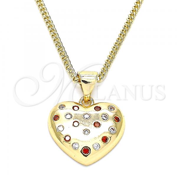 Oro Laminado Pendant Necklace, Gold Filled Style Heart Design, with Garnet and White Micro Pave, Polished, Golden Finish, 04.156.0353.1.20