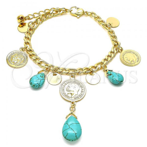 Oro Laminado Charm Bracelet, Gold Filled Style Teardrop Design, with Turquoise Opal, Polished, Golden Finish, 03.331.0208.08