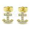 Oro Laminado Stud Earring, Gold Filled Style Anchor Design, with White Micro Pave, Polished, Golden Finish, 02.210.0410