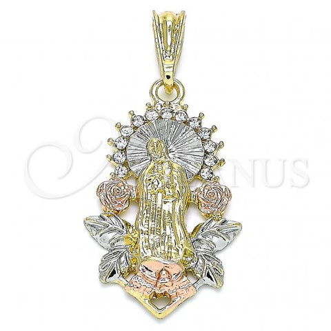 Oro Laminado Religious Pendant, Gold Filled Style Guadalupe and Flower Design, with White Crystal, Polished, Tricolor, 05.380.0082