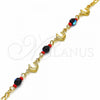 Oro Laminado Fancy Bracelet, Gold Filled Style Dolphin and Figaro Design, with Black and Orange Red Azavache, Polished, Golden Finish, 03.32.0224.07