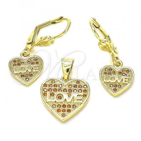 Oro Laminado Earring and Pendant Adult Set, Gold Filled Style Heart and Love Design, with Garnet Cubic Zirconia, Polished, Golden Finish, 10.342.0024.2
