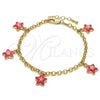 Oro Laminado Charm Bracelet, Gold Filled Style Star and Rolo Design, with White Crystal, Pink Enamel Finish, Golden Finish, 03.63.1358.07