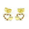 Oro Laminado Stud Earring, Gold Filled Style Heart Design, with Garnet and White Micro Pave, Polished, Golden Finish, 02.199.0031.1