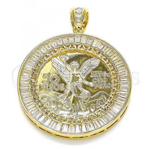 Oro Laminado Religious Pendant, Gold Filled Style Centenario Coin and Angel Design, with White Cubic Zirconia, Polished, Golden Finish, 05.253.0078