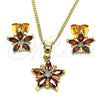 Oro Laminado Earring and Pendant Adult Set, Gold Filled Style Flower Design, with Garnet and White Cubic Zirconia, Polished, Golden Finish, 10.387.0004