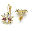 Oro Laminado Leverback Earring, Gold Filled Style Flower Design, with Garnet and White Cubic Zirconia, Polished, Golden Finish, 02.210.0228.2