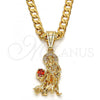 Oro Laminado Religious Pendant, Gold Filled Style San Lazaro Design, with White and Garnet Cubic Zirconia, Polished, Golden Finish, 05.120.0036