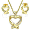 Oro Laminado Earring and Pendant Adult Set, Gold Filled Style Heart Design, with White Micro Pave, Polished, Golden Finish, 10.342.0034