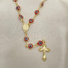 Oro Laminado Medium Rosary, Gold Filled Style Guadalupe and Crucifix Design, Red Resin Finish, Golden Finish, 09.63.0107.2.18