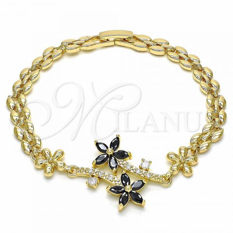 Oro Laminado Fancy Bracelet, Gold Filled Style Flower Design, with Black and White Cubic Zirconia, Polished, Golden Finish, 03.357.0011.3.07