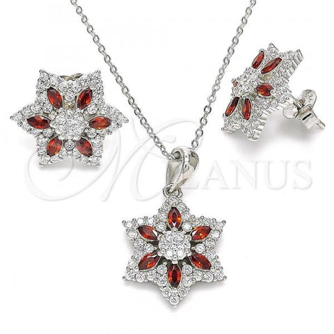 Sterling Silver Earring and Pendant Adult Set, Flower Design, with Garnet and White Cubic Zirconia, Polished, Rhodium Finish, 10.286.0033.2