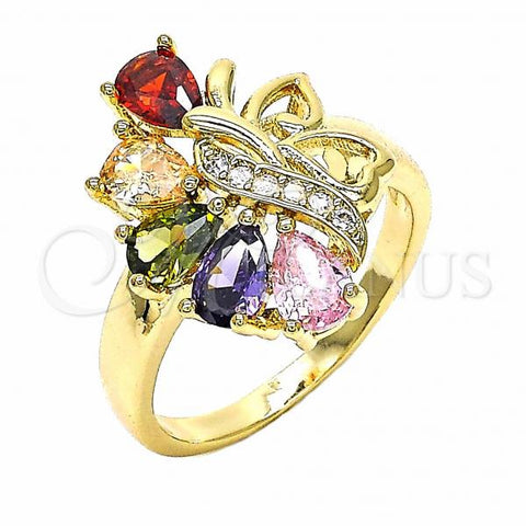 Oro Laminado Multi Stone Ring, Gold Filled Style Teardrop and Heart Design, with Multicolor Cubic Zirconia, Polished, Golden Finish, 01.283.0013.1.07 (Size 7)