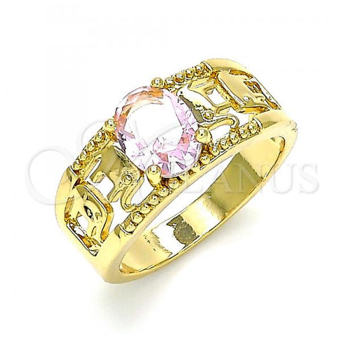 Oro Laminado Multi Stone Ring, Gold Filled Style Elephant Design, with Pink Cubic Zirconia, Polished, Golden Finish, 01.284.0039.07