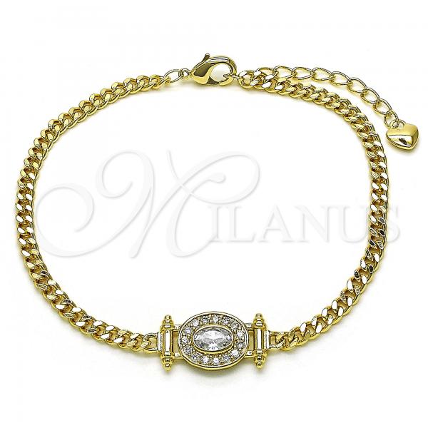 Oro Laminado Fancy Bracelet, Gold Filled Style Miami Cuban Design, with White Cubic Zirconia and White Micro Pave, Polished, Golden Finish, 03.213.0178.07
