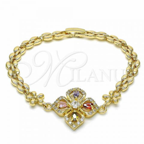 Oro Laminado Fancy Bracelet, Gold Filled Style Flower and Teardrop Design, with Multicolor Cubic Zirconia, Polished, Golden Finish, 03.357.0007.2.07