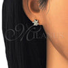 Oro Laminado Stud Earring, Gold Filled Style Star and Crown Design, with White Micro Pave, Polished, Golden Finish, 02.156.0307